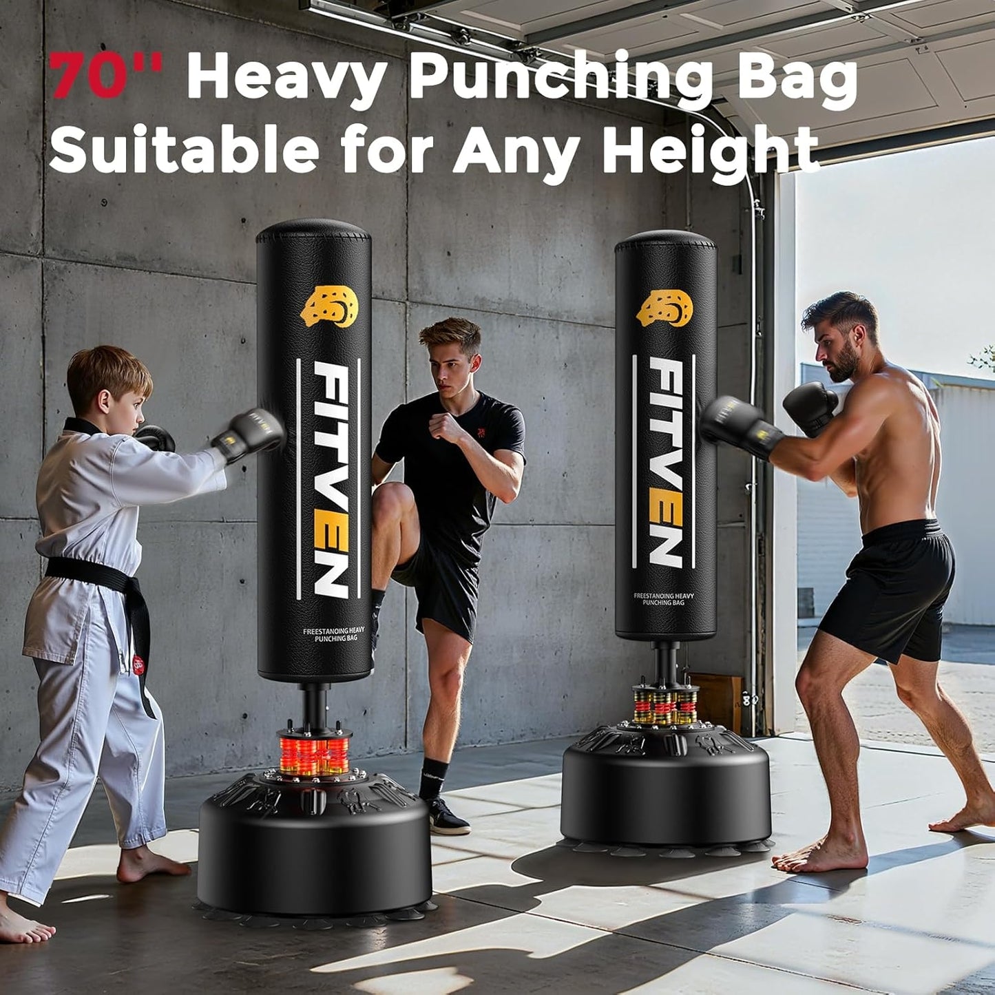 FITVEN Freestanding Punching Bag with Boxing Gloves Heavy Boxing Bag with Suction Cup Base - Men Stand Kickboxing Bag