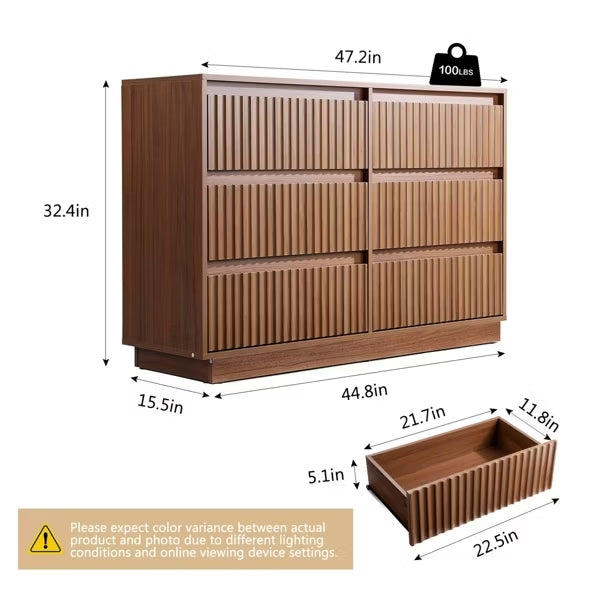 KOLIGEY 6-Drawer Dresser 47"W Double Brown Dresser With Waveform Fluted Panel