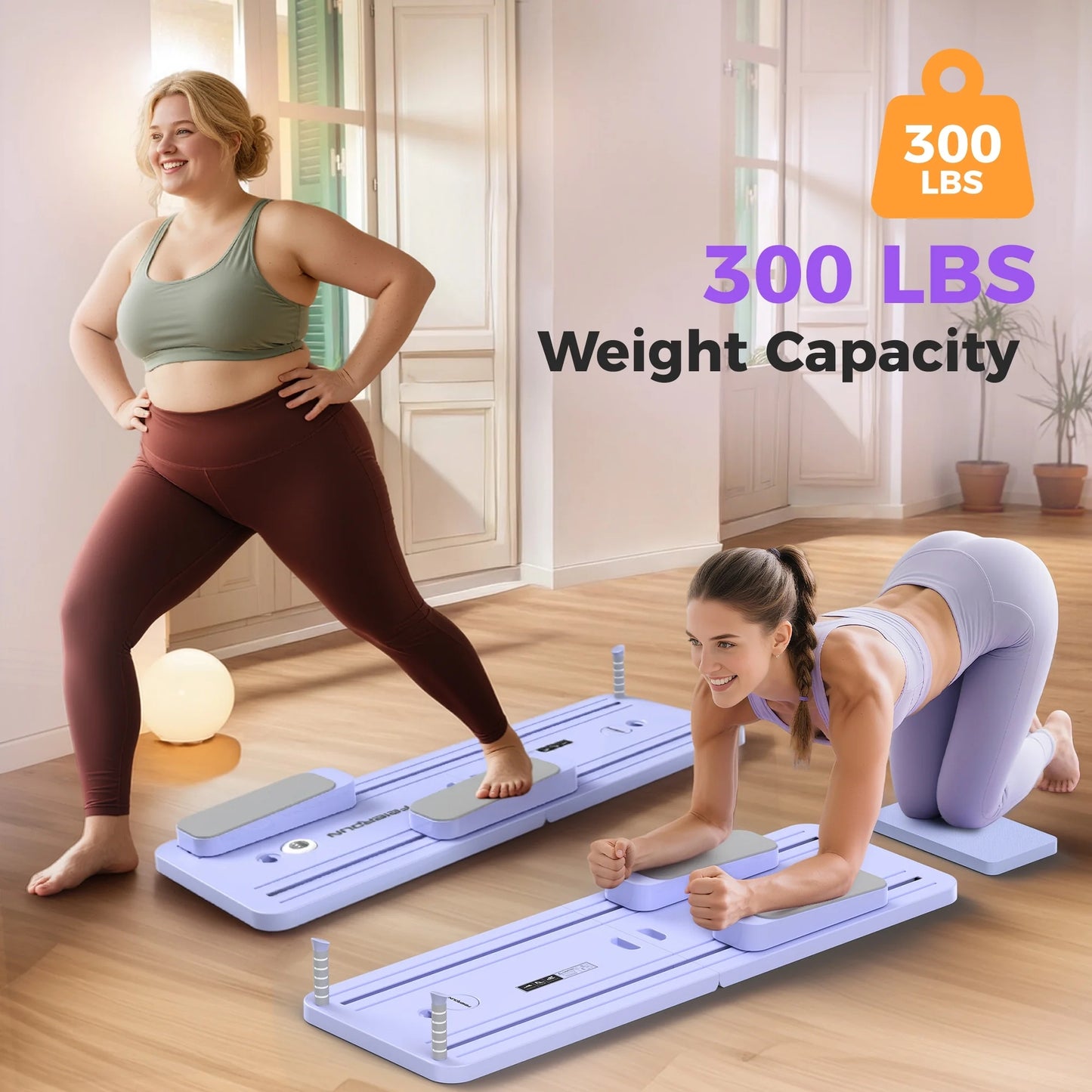 FEIERDUN 5 in 1 Folding Pilates Board, Pilates Reformer Set with 300 LBS Weight Capacity, Portable Home Pilates for Woman (Purple)