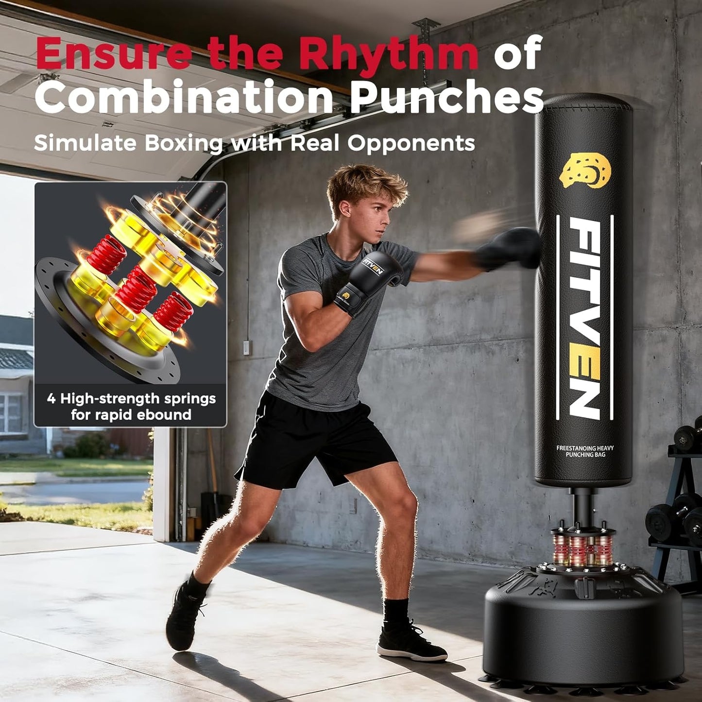 FITVEN Freestanding Punching Bag with Boxing Gloves Heavy Boxing Bag with Suction Cup Base - Men Stand Kickboxing Bag