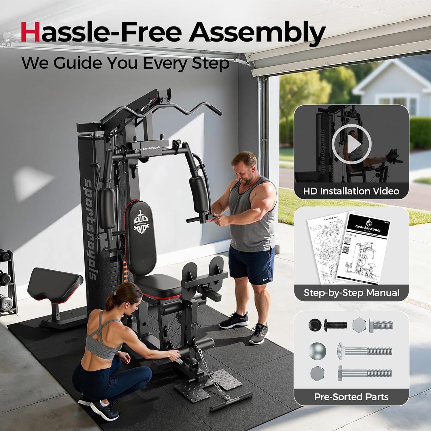 Sportsroyals 150LB Weight Stack Home Gym System - Versatile Cable Machine for Full Body Strength Training