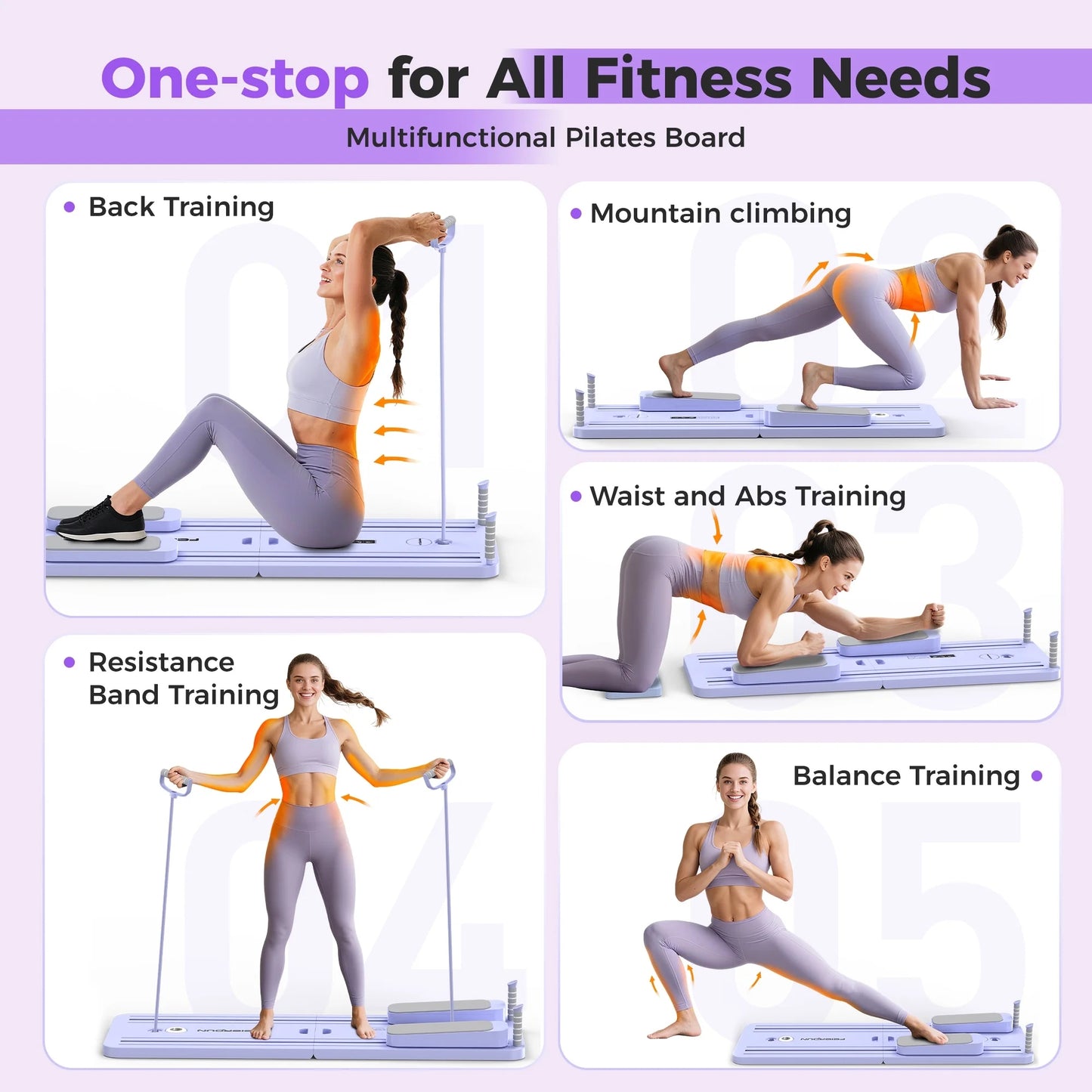 FEIERDUN 5 in 1 Folding Pilates Board, Pilates Reformer Set with 300 LBS Weight Capacity, Portable Home Pilates for Woman (Purple)