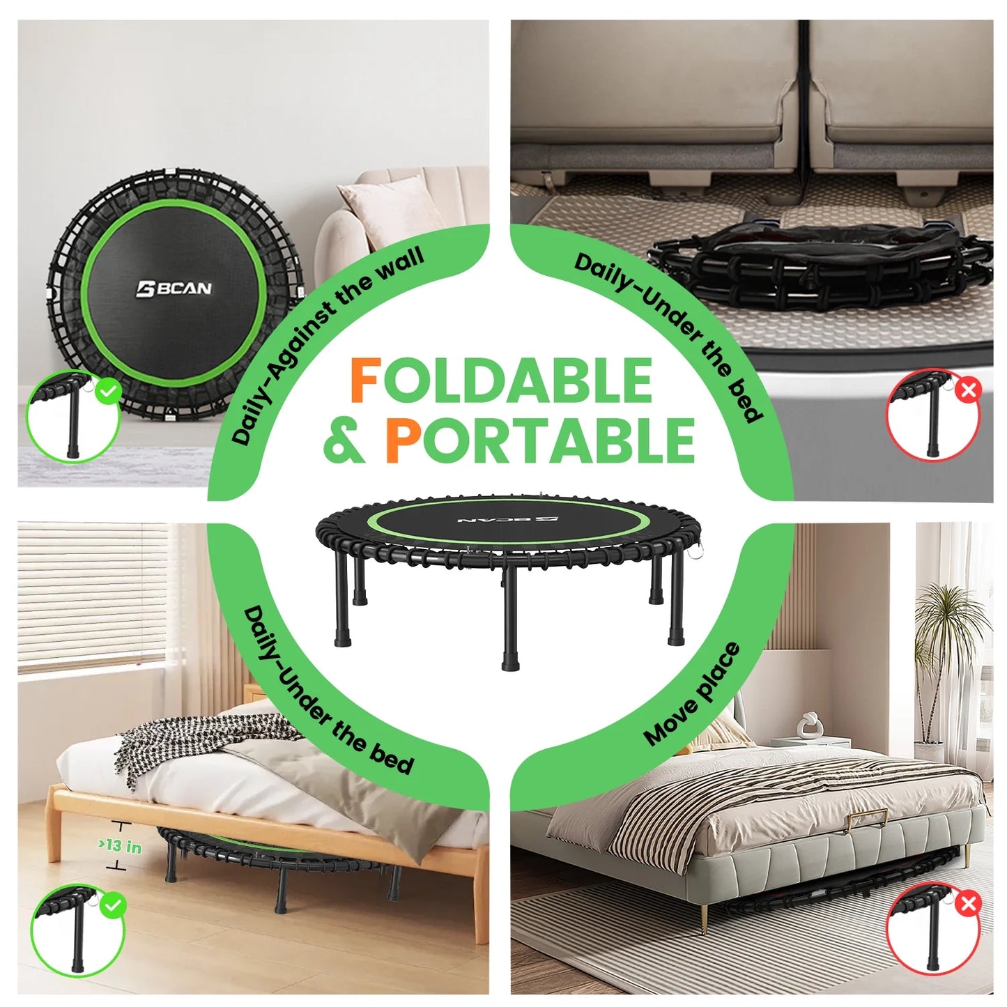 BCAN 450LBS/550LBS Foldable Mini Trampoline, 40"/48" Adult Fitness Trampoline with Durable Bungees, Stable & Quiet Exercise Rebounder,Great Mini Trampoline for Indoor/Garden Workout