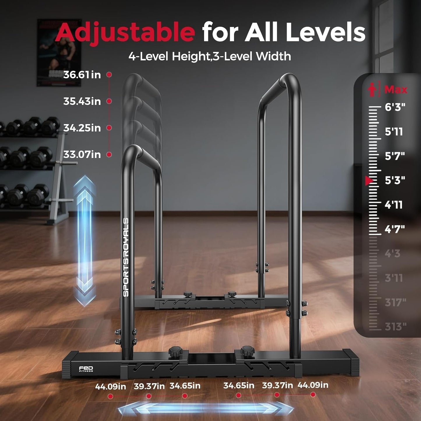 Sportsroyals Adjustable Dip Bar Station,Heavy Duty Parallette & Parallel Bars,400LBS Stable Dip Stands for Home Gym,Calisthenics & Workout Equipment