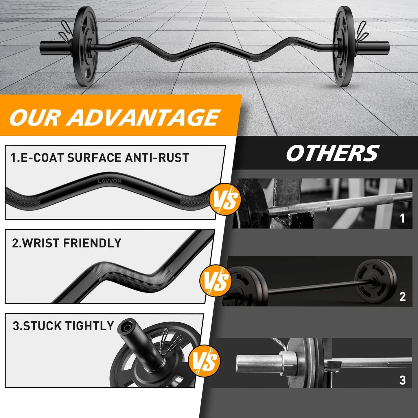 FLYBIRD Olympic Barbell EZ Curl Bar 47in for Weightlifting, Hip Thrusts, Squats and Lunges, Suitable for 2 inch Weight Plates,with 2 Spring Collars