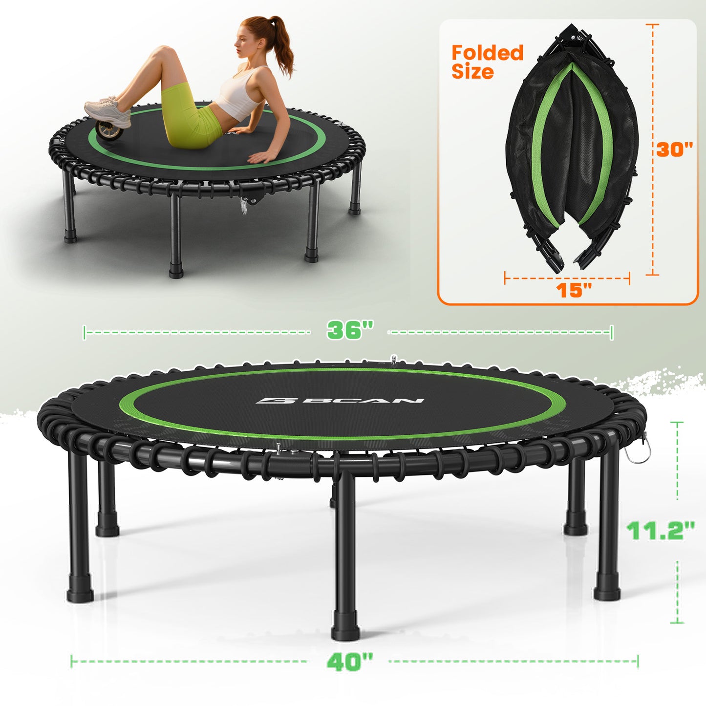 BCAN 450LBS/550LBS Foldable Mini Trampoline, 40"/48" Adult Fitness Trampoline with Durable Bungees, Stable & Quiet Exercise Rebounder,Great Mini Trampoline for Indoor/Garden Workout