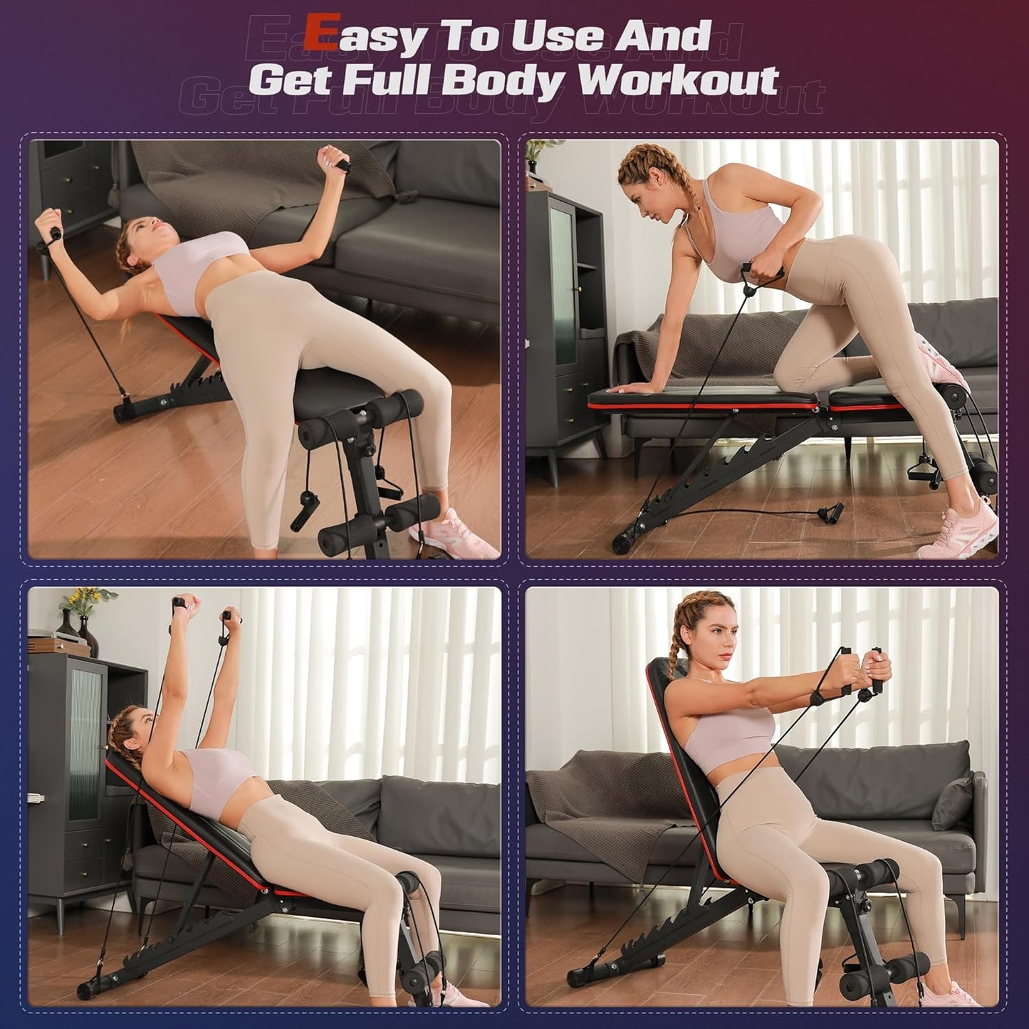 FLYBIRD Foldable Weight Bench with Resistance Bands, 8 Backrests Fast Adjustable FID for Home Gym Full Body Workout
