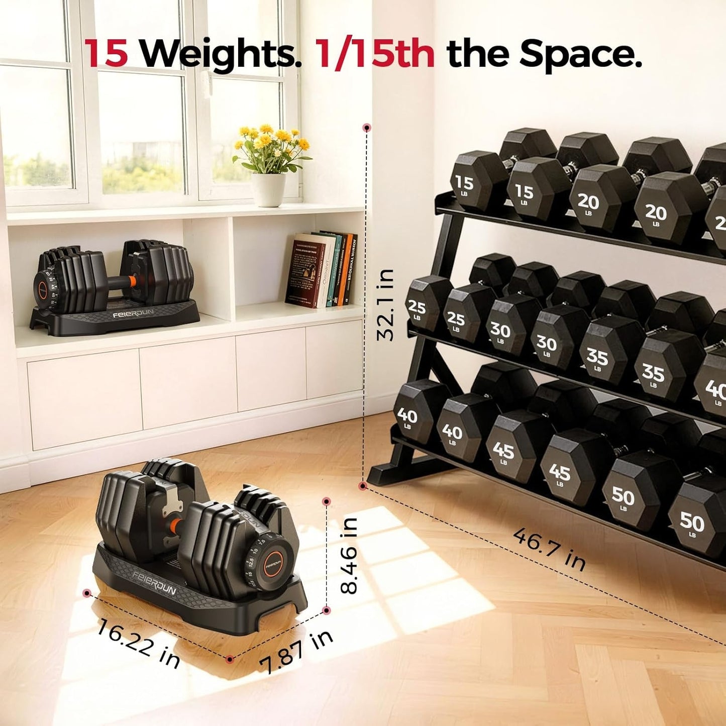 FEIERDUN 15-in-1 Adjustable Dumbbell Set, 5-52.5 lbs Each, 1-Second Quick Change, with Storage Box & App – Ideal for Drop Set, Superset, HIIT Home Gym, Non-Slip Handles