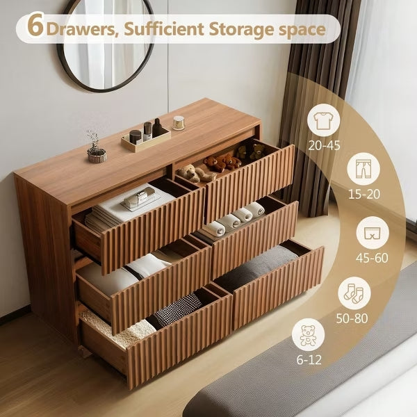 KOLIGEY 6-Drawer Dresser 47"W Double Brown Dresser With Waveform Fluted Panel