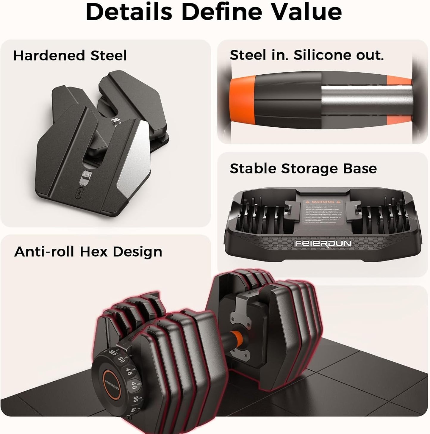 FEIERDUN 15-in-1 Adjustable Dumbbell Set, 5-52.5 lbs Each, 1-Second Quick Change, with Storage Box & App – Ideal for Drop Set, Superset, HIIT Home Gym, Non-Slip Handles