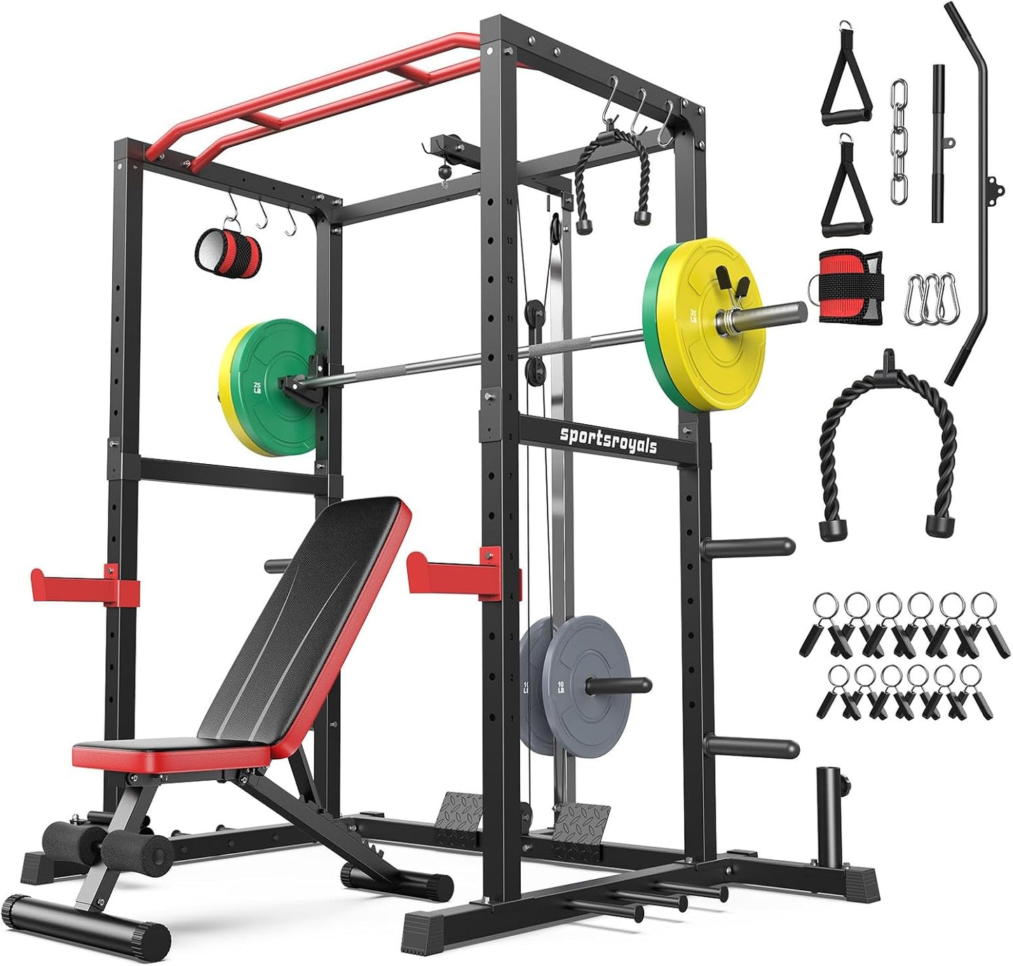SPORTSROYALS Power Rack, Multi-Functional Power Cage, Squat Rack with Pulley System & LAT Pull Down, Workout Cage with J Hooks for Home Gym
