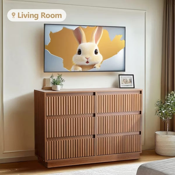 KOLIGEY 6-Drawer Dresser 47"W Double Brown Dresser With Waveform Fluted Panel