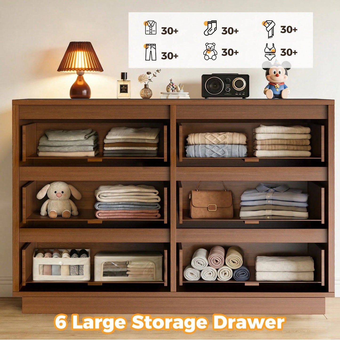 Dejesus 6-Drawer Dresser 47"W Double Dresser With Waveform Fluted Panel