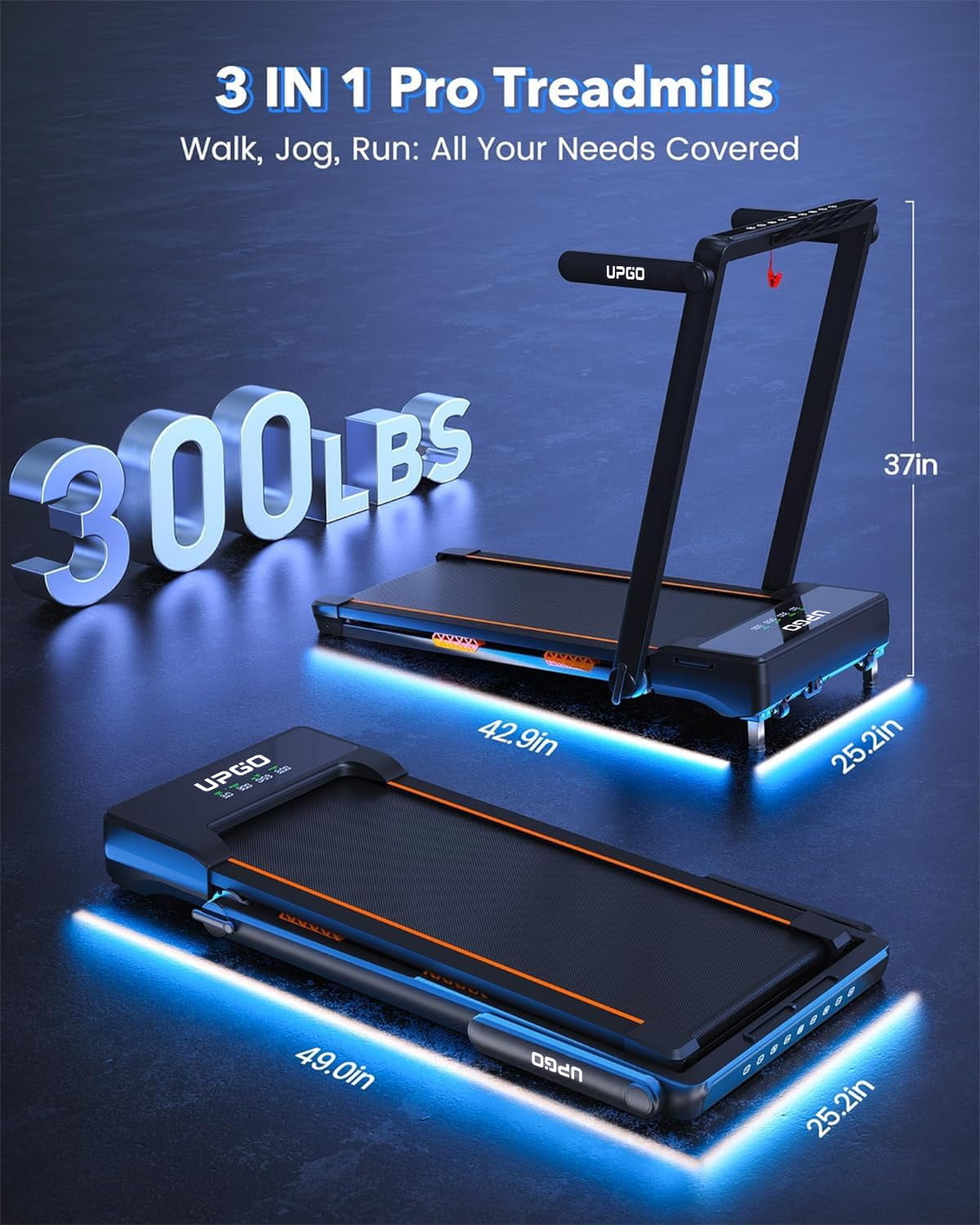 Foldable Walking Pad Treadmill with Auto 9% Incline and 3 Slopes, 300LBS Weight Capacity Under Desk Treadmill for Home/Office