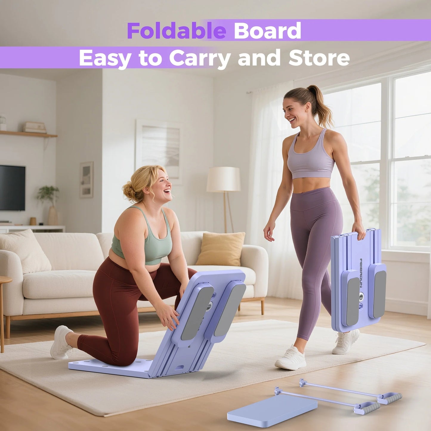 FEIERDUN 5 in 1 Folding Pilates Board, Pilates Reformer Set with 300 LBS Weight Capacity, Portable Home Pilates for Woman (Purple)