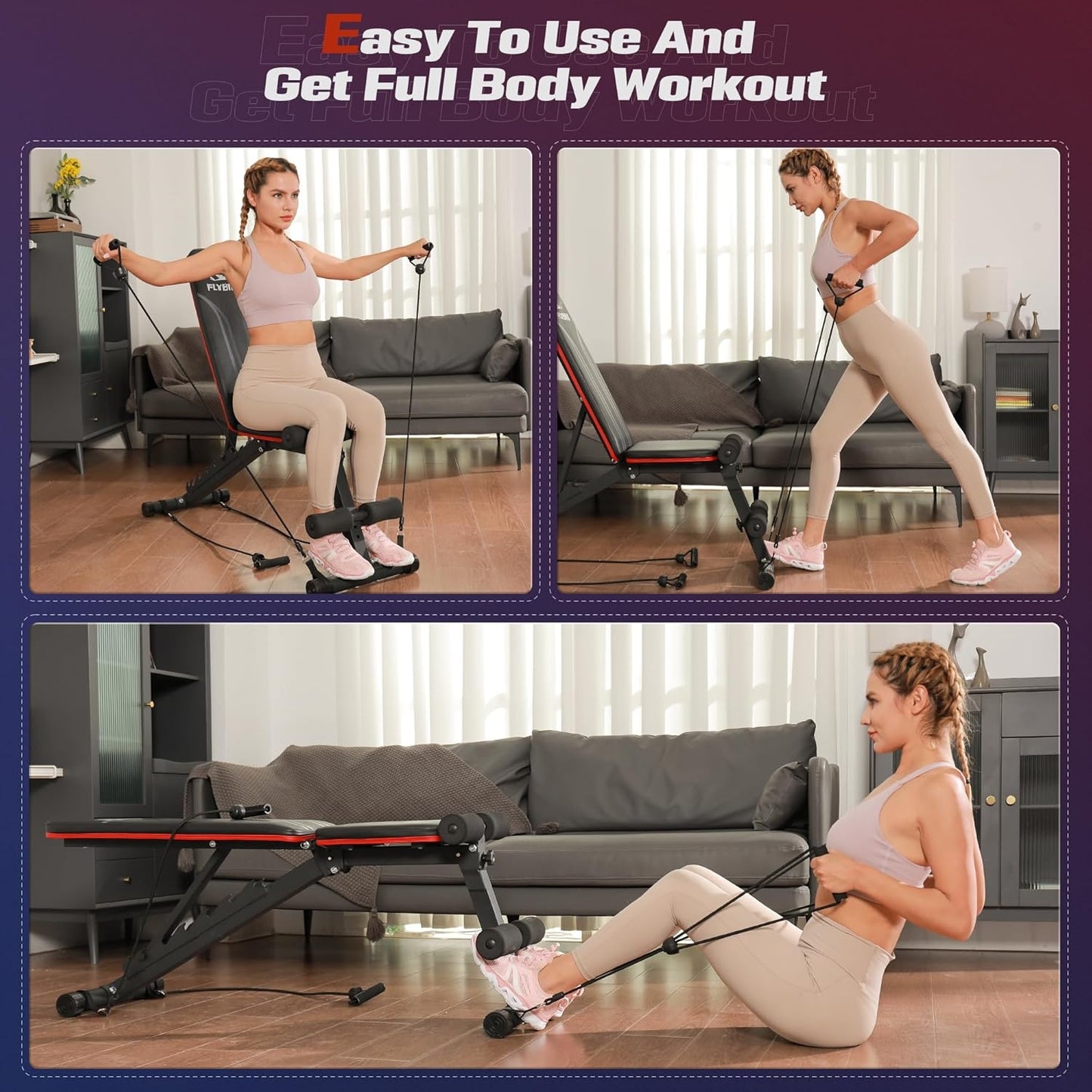 FLYBIRD Foldable Weight Bench with Resistance Bands, 8 Backrests Fast Adjustable FID for Home Gym Full Body Workout