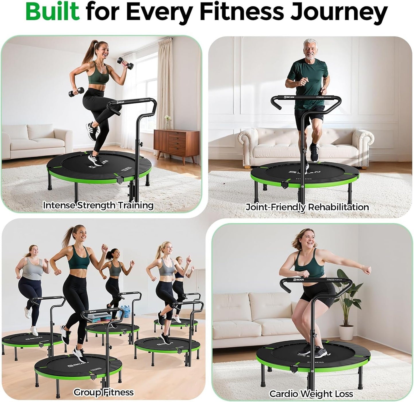 BCAN 40" Foldable Mini Trampoline, Rebounder Trampoline for Adults,  Adjustable Handle, Exercise Rebounder for Adults Indoor/Garden Workout, Max Load 330lbs