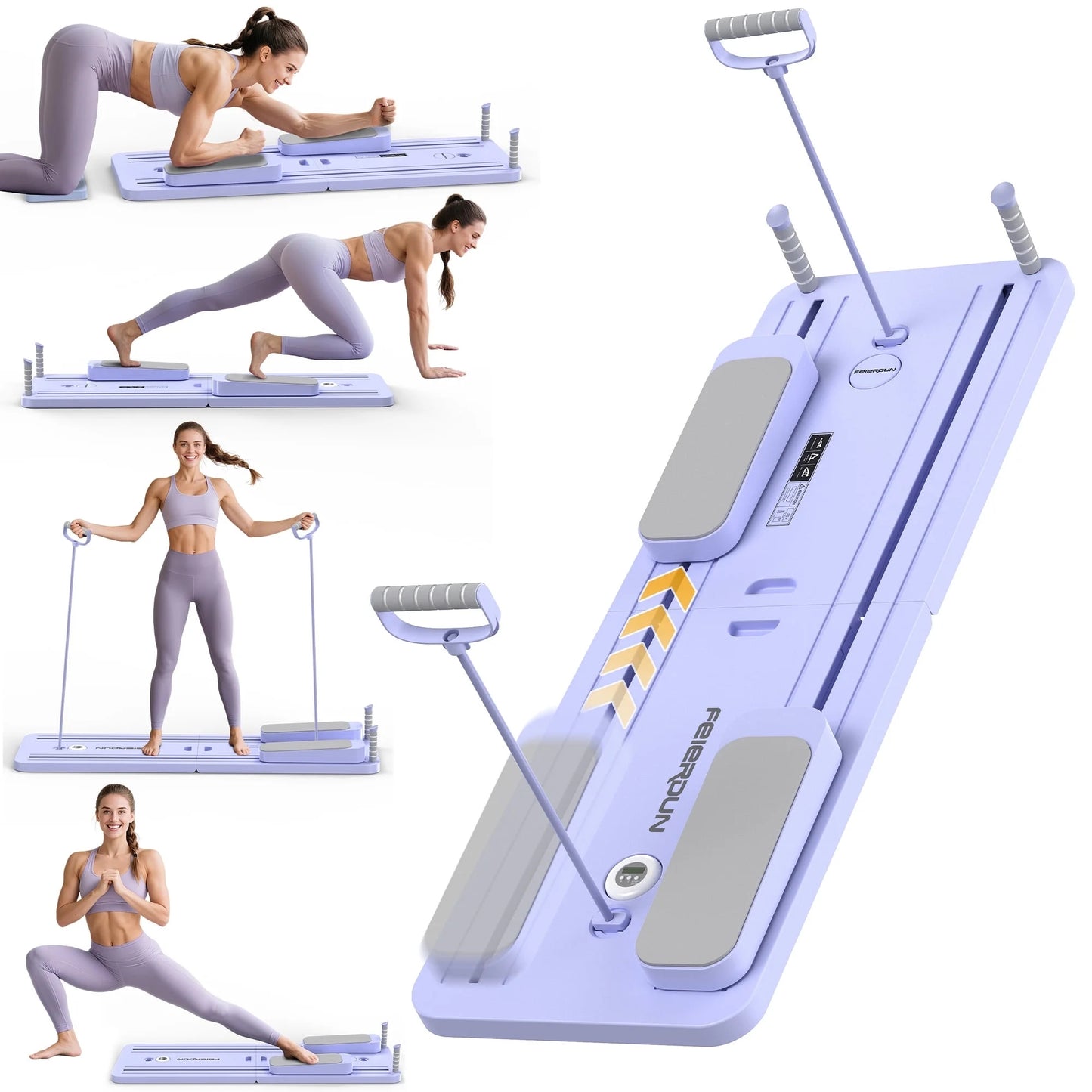 FEIERDUN 5 in 1 Folding Pilates Board, Pilates Reformer Set with 300 LBS Weight Capacity, Portable Home Pilates for Woman (Purple)