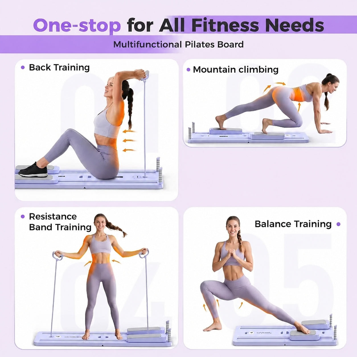 FEIERDUN 5 in 1 Folding Pilates Board, Pilates Reformer Set with 300 LBS Weight Capacity, Portable Home Pilates for Woman (Purple)