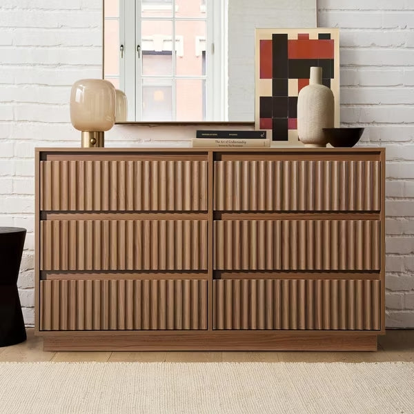 KOLIGEY 6-Drawer Dresser 47"W Double Brown Dresser With Waveform Fluted Panel