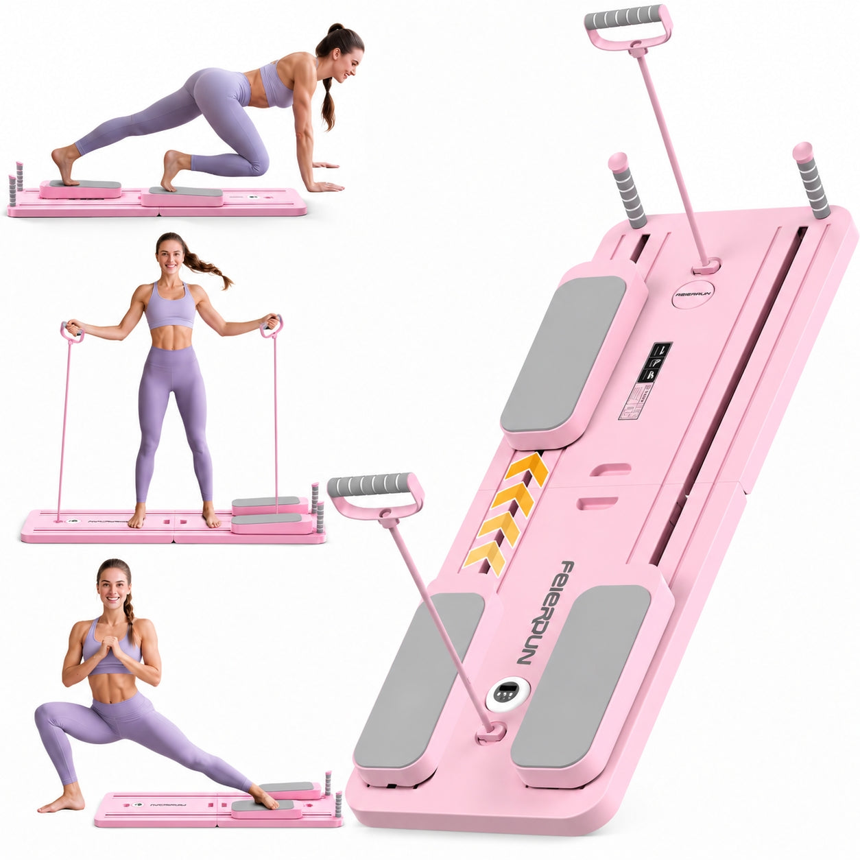 FEIERDUN 5 in 1 Folding Pilates Board, Pilates Reformer Set with 300 LBS Weight Capacity, Portable Home Pilates for Woman (Pink)