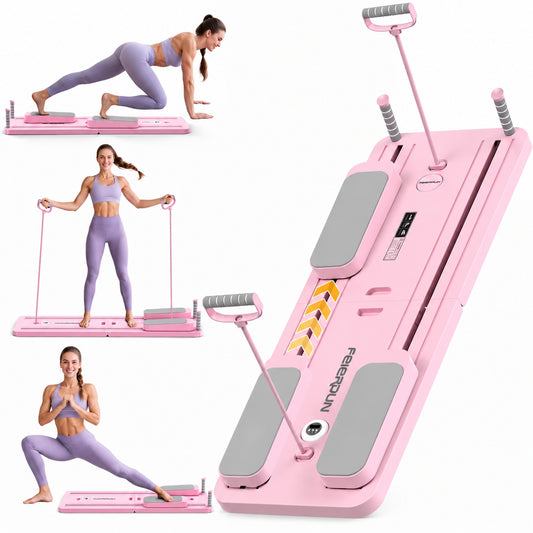FEIERDUN 5 in 1 Folding Pilates Board, Pilates Reformer Set with 300 LBS Weight Capacity, Portable Home Pilates for Woman (Pink)