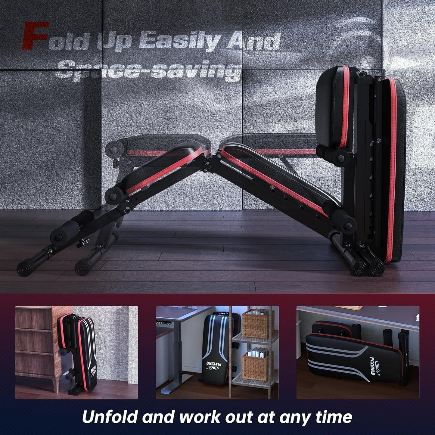 FLYBIRD Foldable Weight Bench with Resistance Bands, 8 Backrests Fast Adjustable FID for Home Gym Full Body Workout