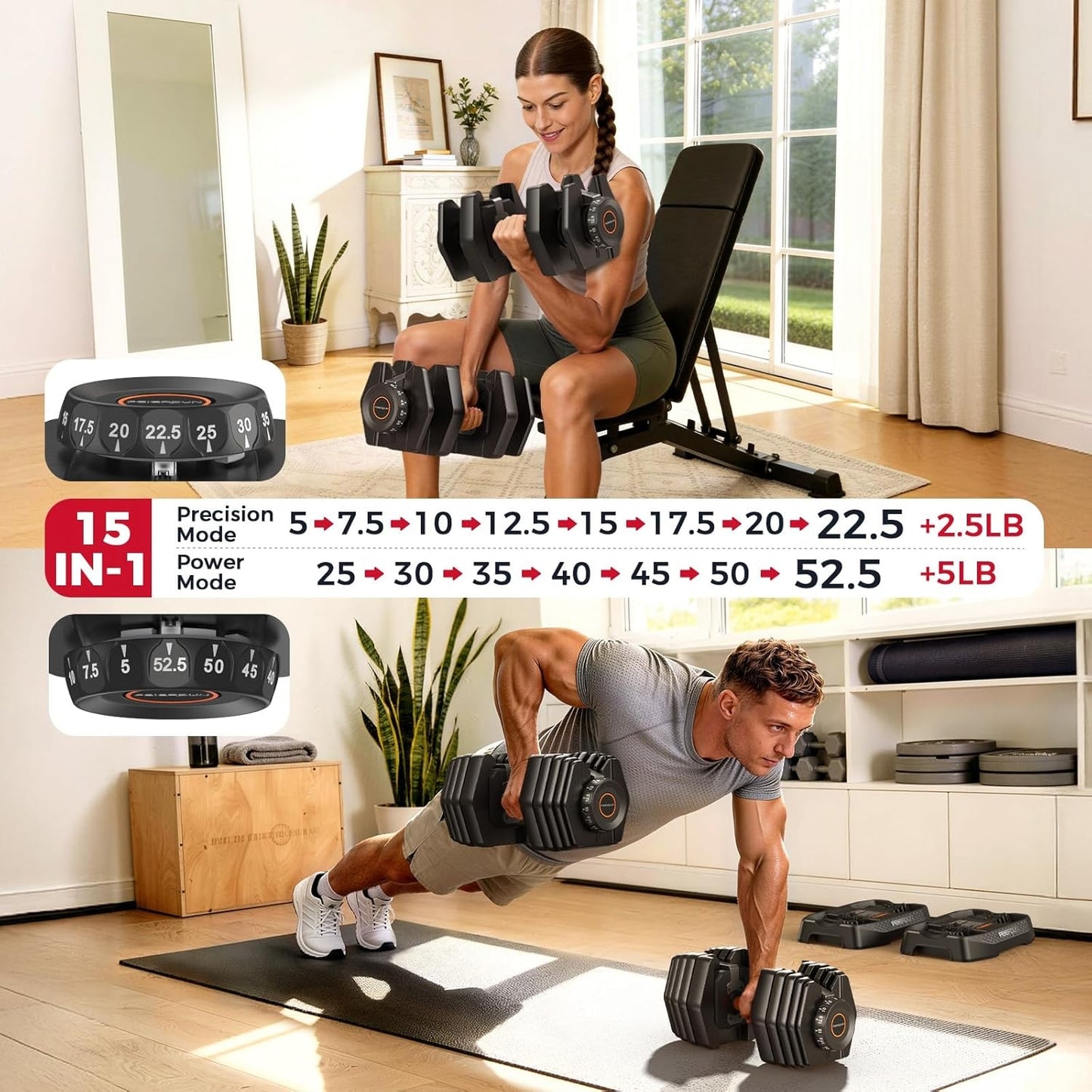 FEIERDUN 15-in-1 Adjustable Dumbbell Set, 5-52.5 lbs Each, 1-Second Quick Change, with Storage Box & App – Ideal for Drop Set, Superset, HIIT Home Gym, Non-Slip Handles
