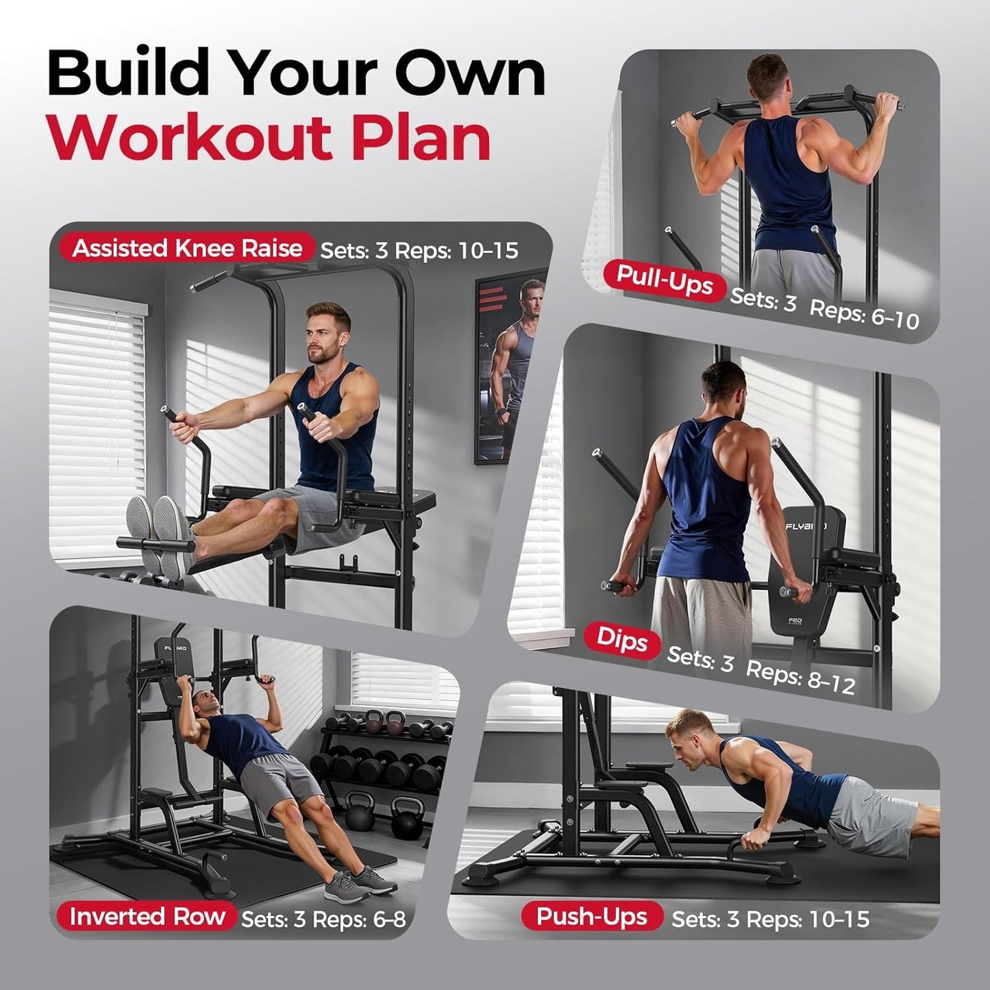 FED FITNESS Power Tower: Adjustable Multi-Function Pull Up & Dip Station, 800 lbs Capacity, Home Gym Strength & Ab Workout