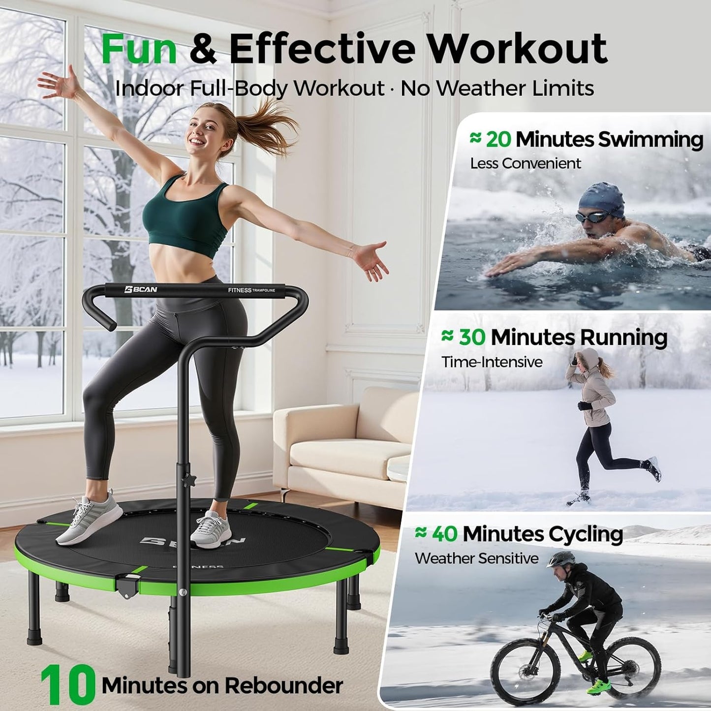 BCAN 40" Foldable Mini Trampoline, Rebounder Trampoline for Adults,  Adjustable Handle, Exercise Rebounder for Adults Indoor/Garden Workout, Max Load 330lbs
