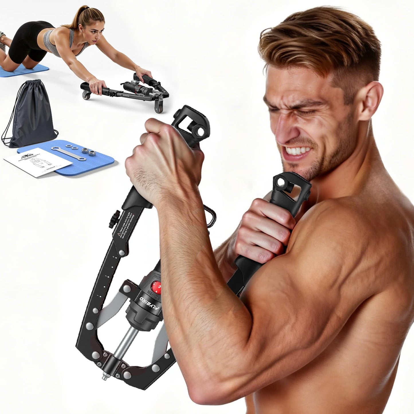 FLYBIRD 2-in-1 Twister Arm Trainer with Ab Roller Wheel, Adjustable 22-440lbs Hydraulic Power Chest