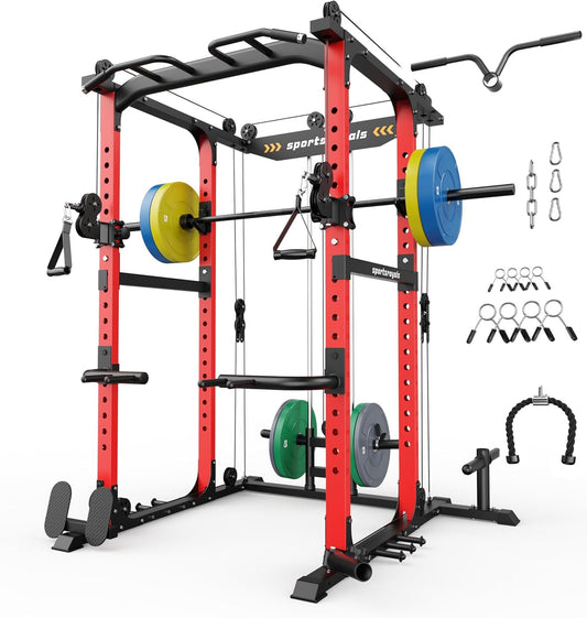 Sportsroyals Power Cage, Power Rack with Adjustable Cable Crossover System, Weight Cage for Home Gym