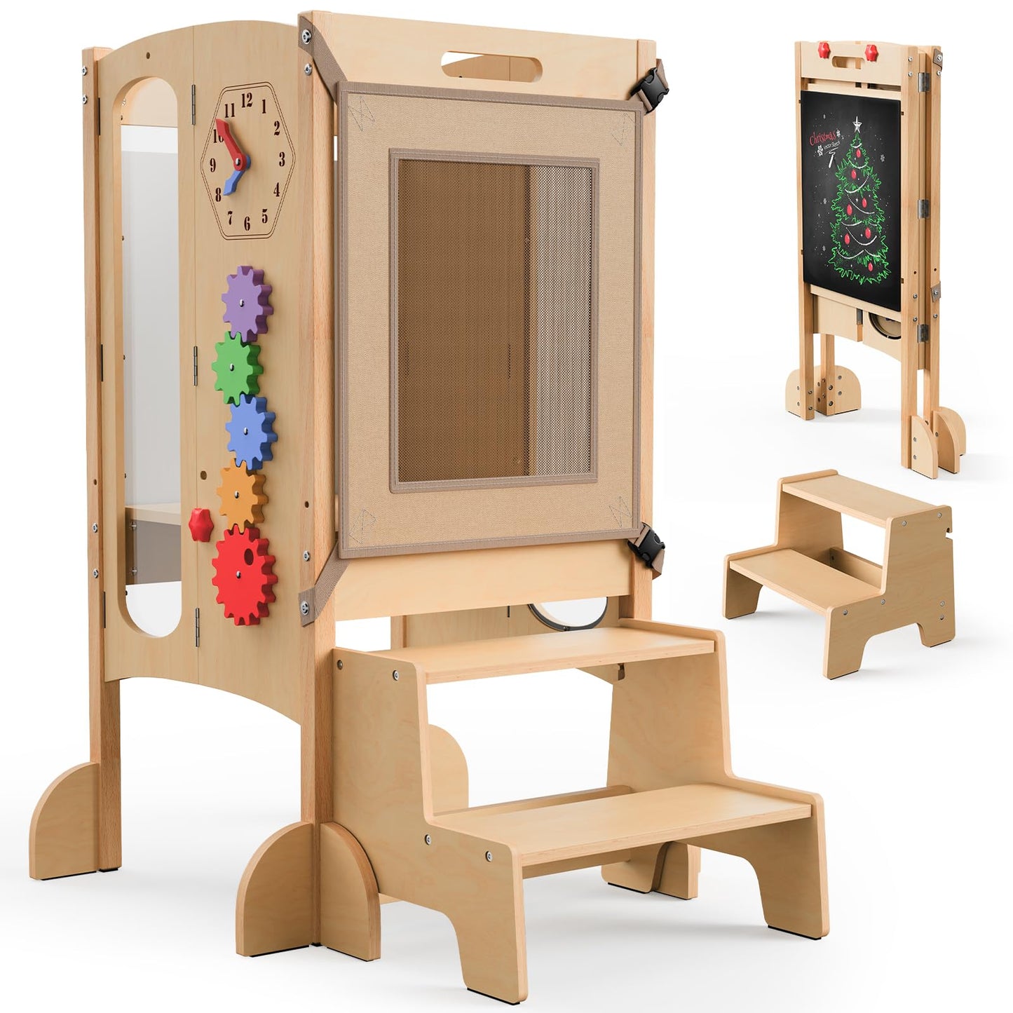 KOLIGEY Toddler Tower Foldable Toddler Kitchen Stool Helper with 2 Step Stool, Safety Net, Adjustable Height