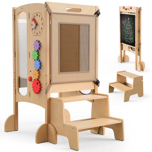 KOLIGEY Toddler Tower Foldable Toddler Kitchen Stool Helper with 2 Step Stool, Safety Net, Adjustable Height