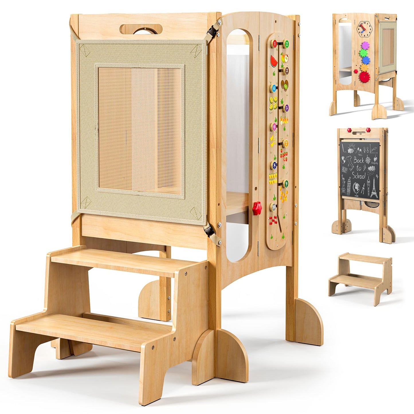 KOLIGEY Foldable Toddler Tower, Kitchen Stool Helper with 2 Step Stool, Toddler Standing Tower for Kids with Safety Net, Adjustable Height