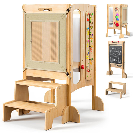 KOLIGEY Foldable Toddler Tower, Kitchen Stool Helper with 2 Step Stool, Toddler Standing Tower for Kids with Safety Net, Adjustable Height