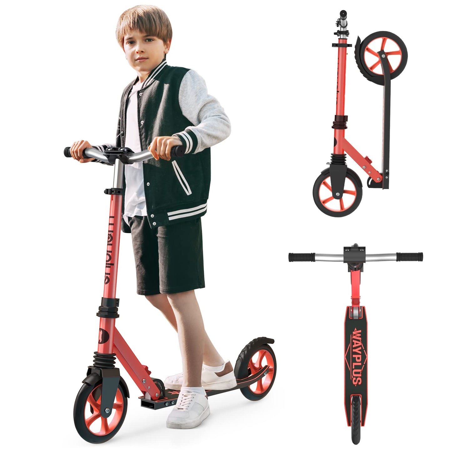 WAYPLUS Kick Scooter for Ages 6+,Kid, Teens & Adults. Max Load 240 LBS. Foldable, Lightweight, 8IN Big Wheels for Kids, Teen and Adults, 4 Adjustable Levels. Bearing ABEC9