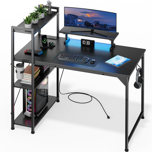 KOLIGEY Gaming Desk, L-Shaped Computer Desk with LED Lights, Monitor Stand, Power Outlets and Storage Drawer