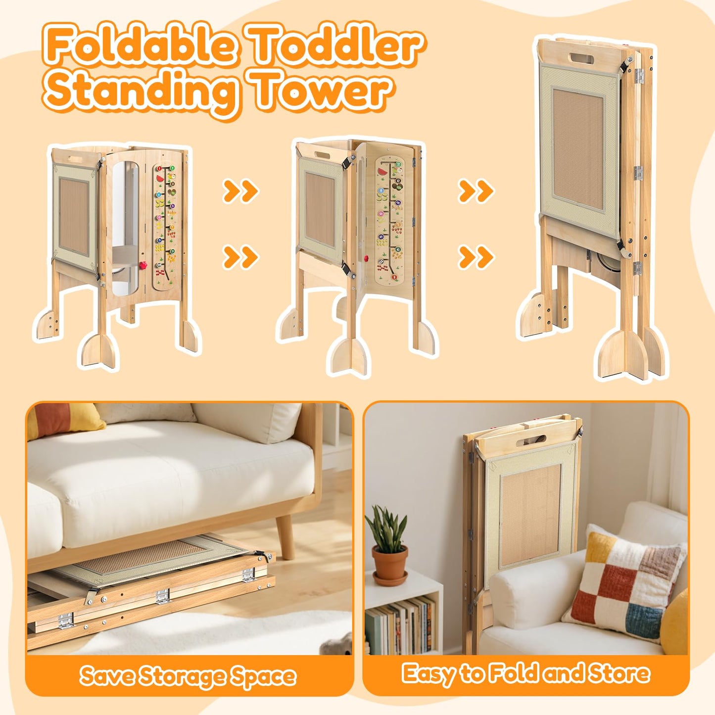 KOLIGEY Foldable Toddler Tower, Kitchen Stool Helper with 2 Step Stool, Toddler Standing Tower for Kids with Safety Net, Adjustable Height
