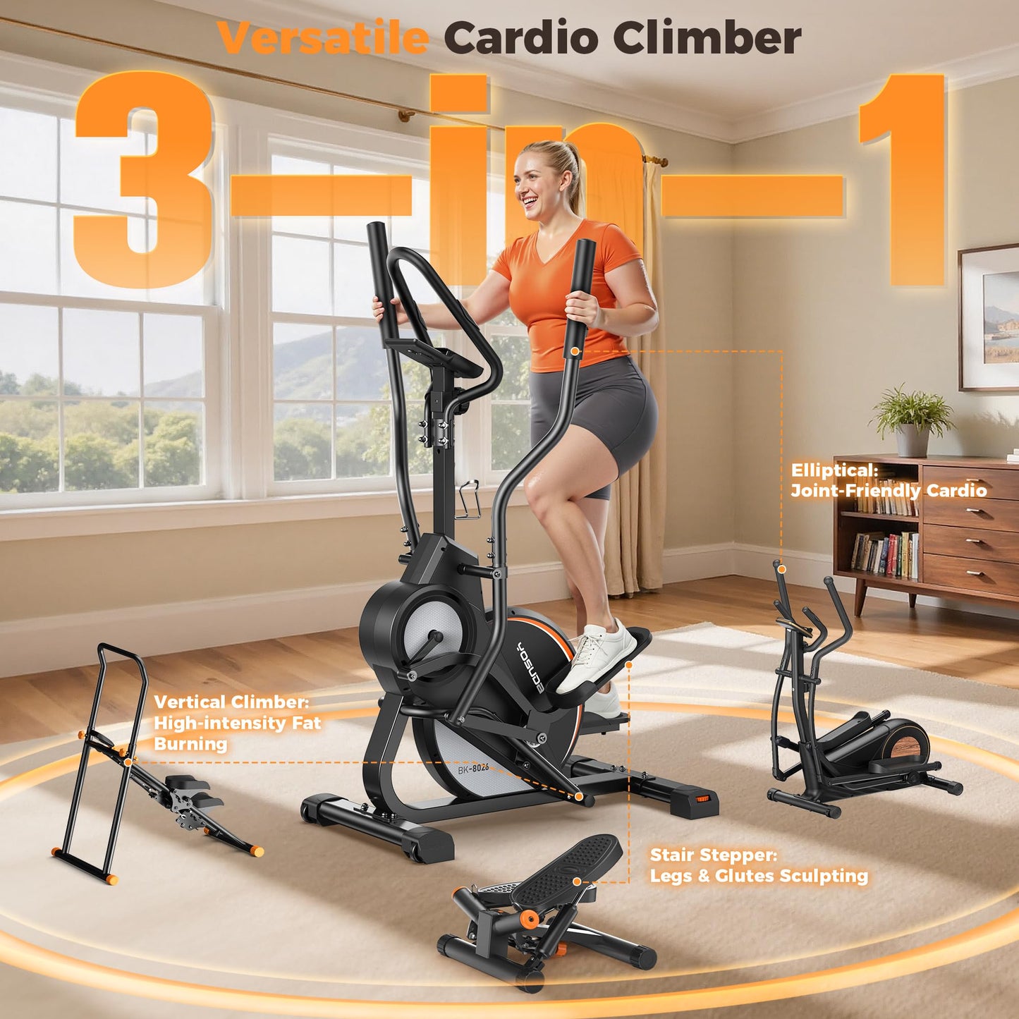 YOSUDA Pro Cardio Climber Stepping Elliptical Machine, 3-in-1 Elliptical Machine Stair Stepper Trainer with 16 Resistance