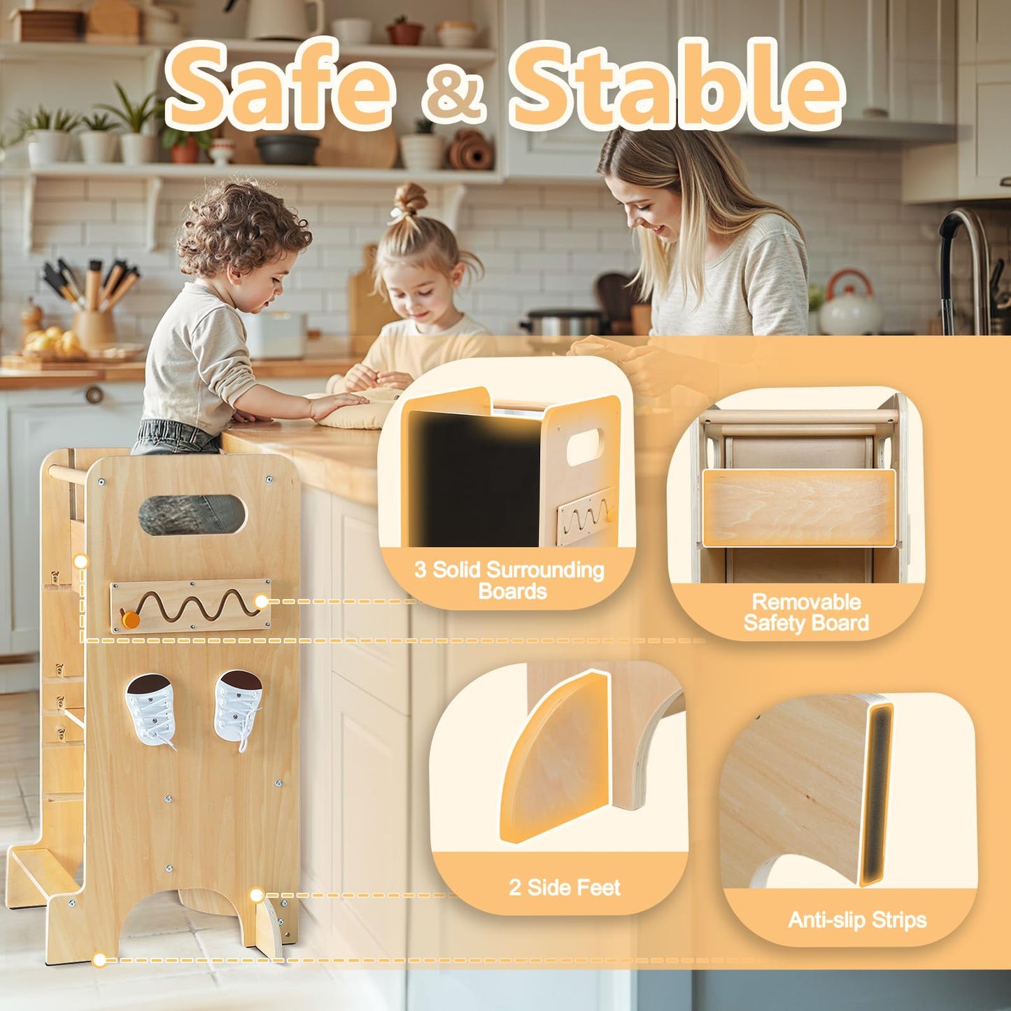 KOLIGEY Toddler Tower 4-in-1 Multifunctional Kitchen Stool Helper with Removable Safety Board, Adjustable Heights
