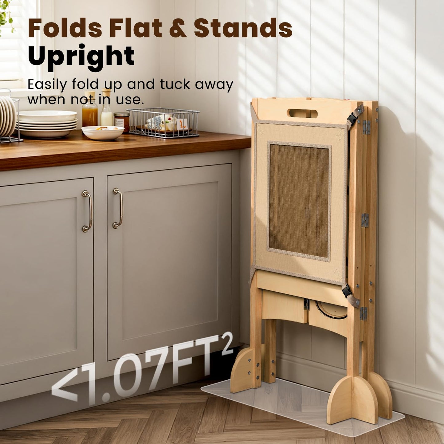 KOLIGEY Toddler Tower Foldable Toddler Kitchen Stool Helper with 2 Step Stool, Safety Net, Adjustable Height