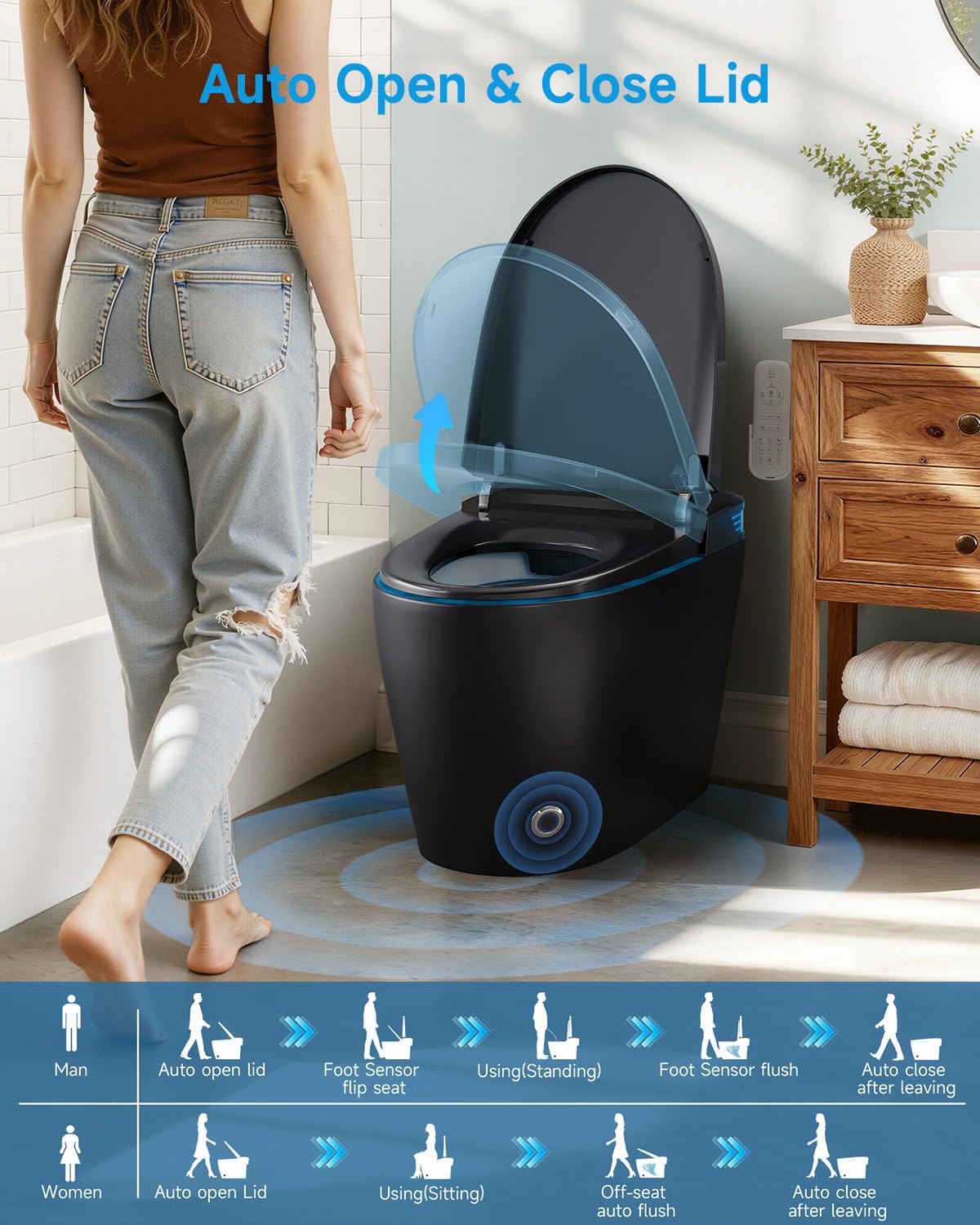KOLIGEY Black Smart Toilet with Bidet, Auto Open/Close Lid, Heated Seat, Warm Wash&Dryer