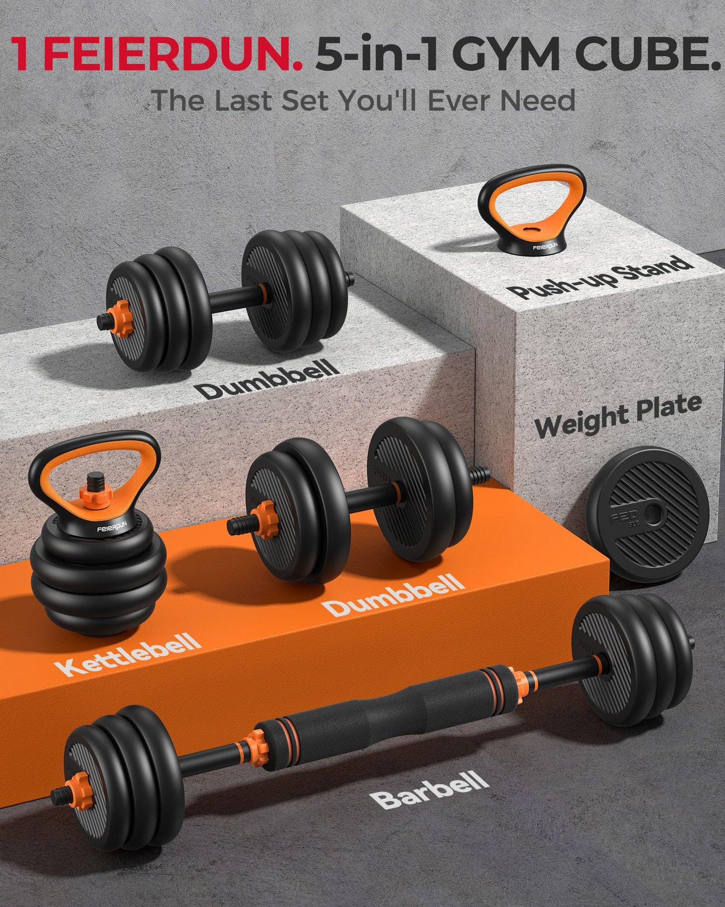 FEIERDUN Adjustable Dumbbells, 20/30/45lbs Free Weight Set with Connector, 5 in1 Dumbbells Set Used as Barbell, Kettlebells, Push up Stand, Weight Plate, Fitness Exercises for Home Gym Suitable Men/Women