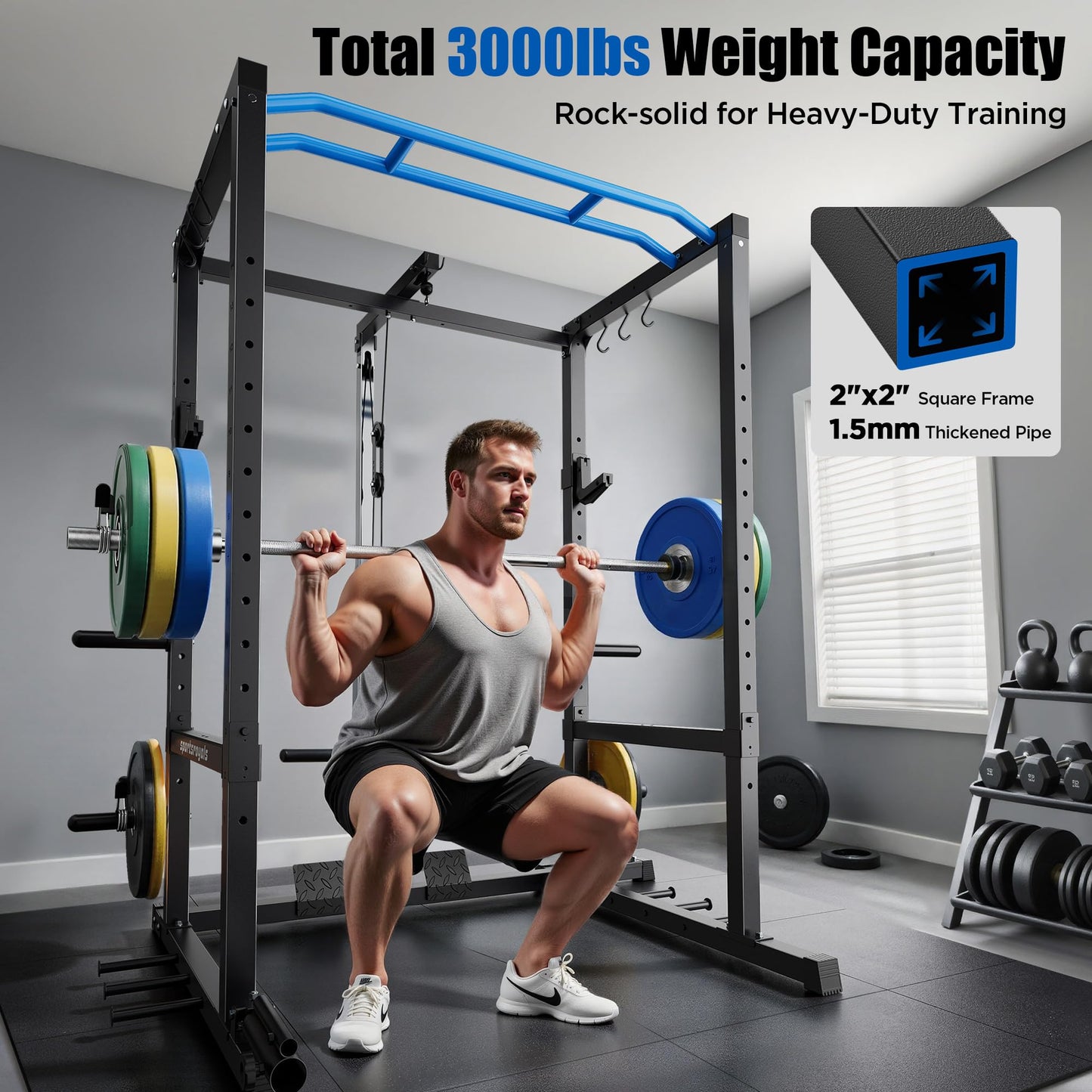 FED Fitness Power Cage,1600lbs Multi-Function Power Rack with Adjustable Cable Crossover System and More Training Attachment, Weight Cage for Home Gym