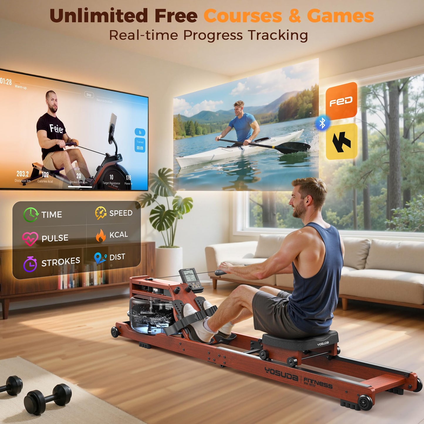 YOSUDA Water Rowing Machines for Home Use- Foldable Rower Machine 400LBS Weight Capacity with Dedicated Monitor & Bluetooth APP