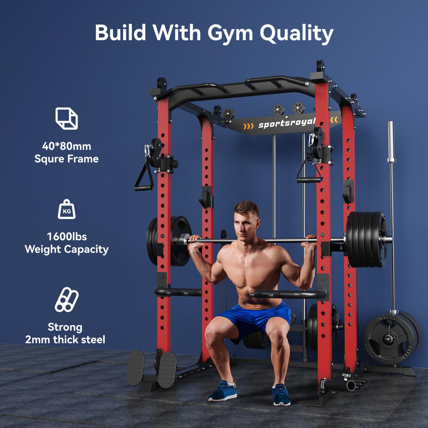 Sportsroyals Power Cage, Power Rack with Adjustable Cable Crossover System, Weight Cage for Home Gym