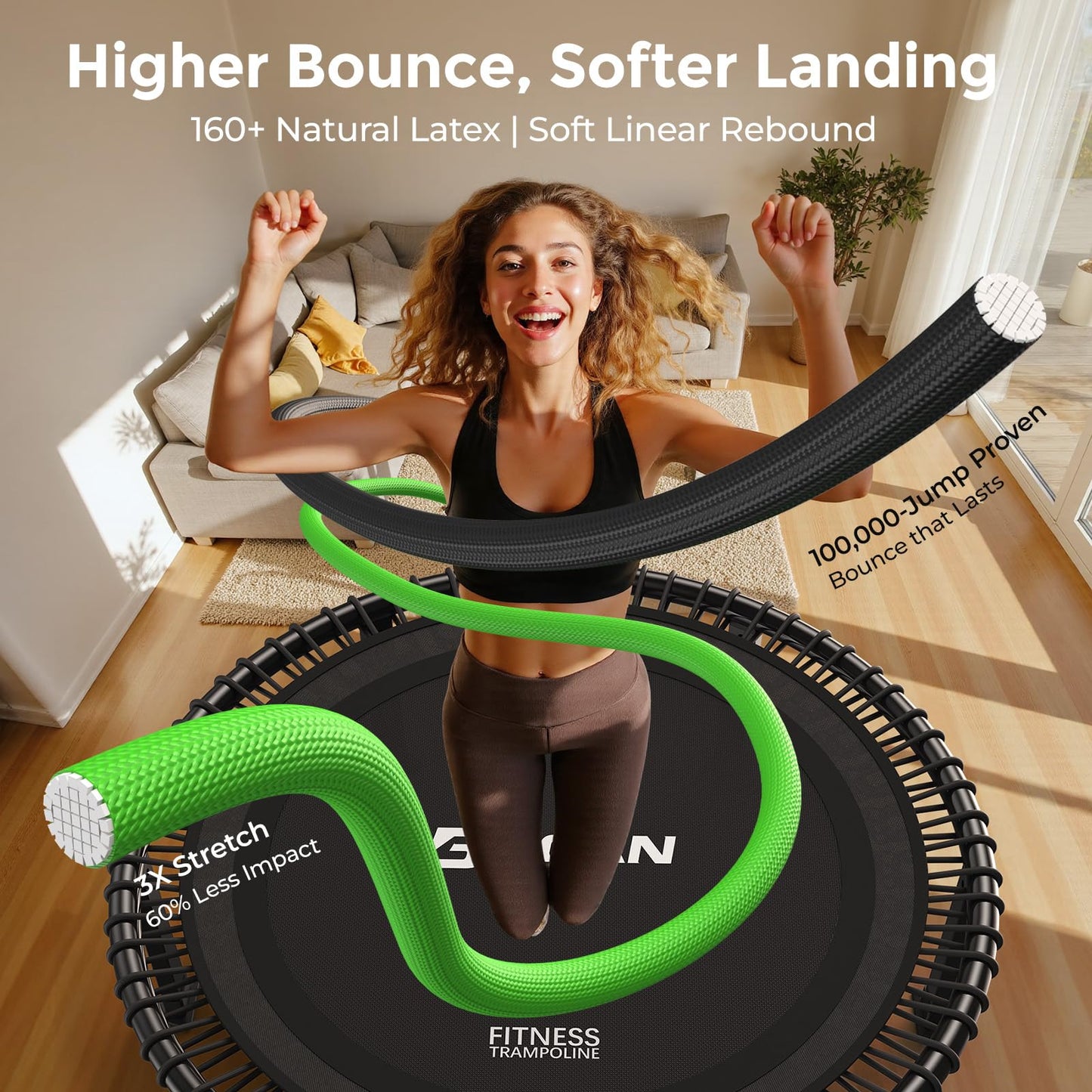 BCAN 40" Soft Land Pro Fitness Rebounder Trampoline, 400 lb Capacity, Adjustable Tension Bungees, Quiet Indoor Cardio w/Handle, Phone Holder & 2 Pairs Socks