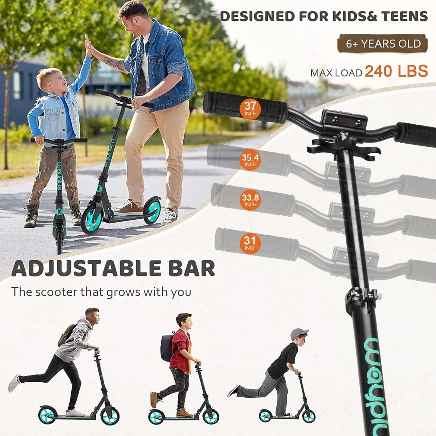 WAYPLUS Kick Scooter for Ages 6+,Kid, Teens & Adults. Max Load 240 LBS. Foldable, Lightweight, 8IN Big Wheels for Kids, Teen and Adults, 4 Adjustable Levels. Bearing ABEC9