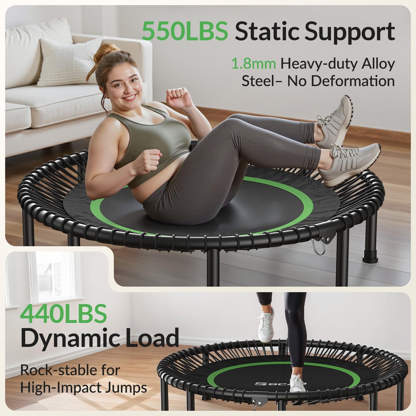 BCAN 450LBS Foldable Mini Trampoline, 48" Adult Fitness Trampoline with Durable Bungees, Stable & Quiet Exercise Rebounder for Indoor/Garden Workout